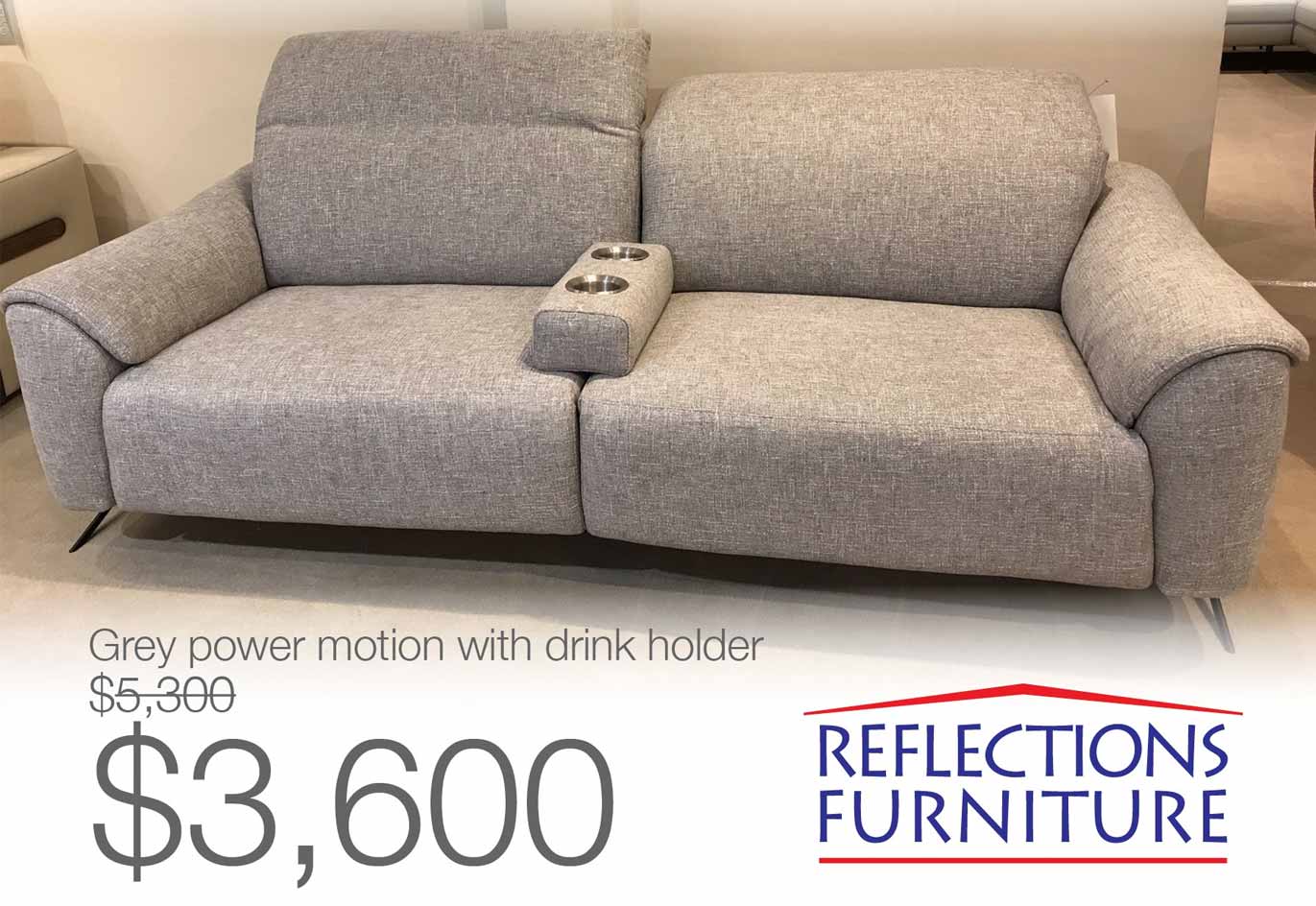 Gray Power Motion Sofa with Drink Holder  LEATHER XPRESS