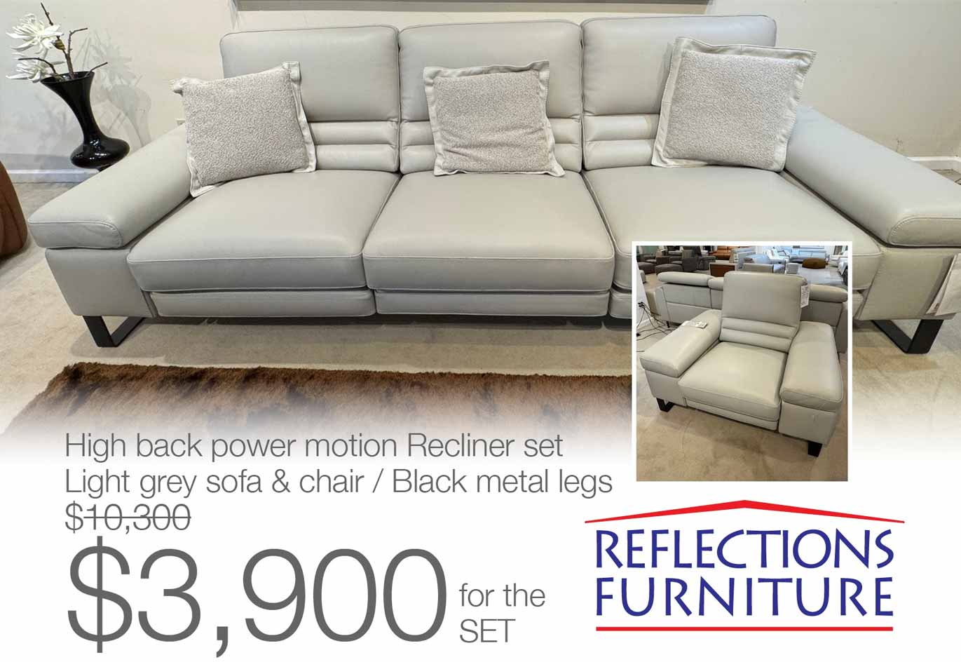Highback Power Motion Recliner Set Grey Sofa and Chair  LEATHER XPRESS