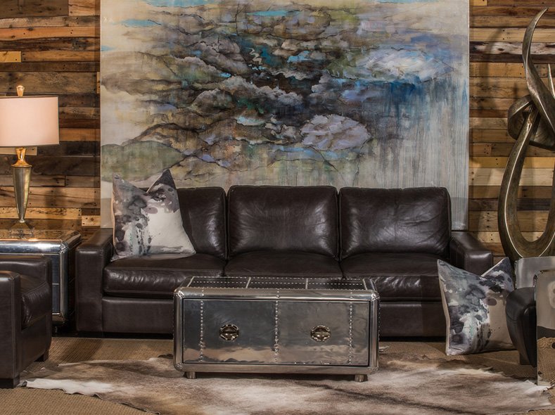 Brown Leather Sofa with Pillow and Accent Table  RF Modern