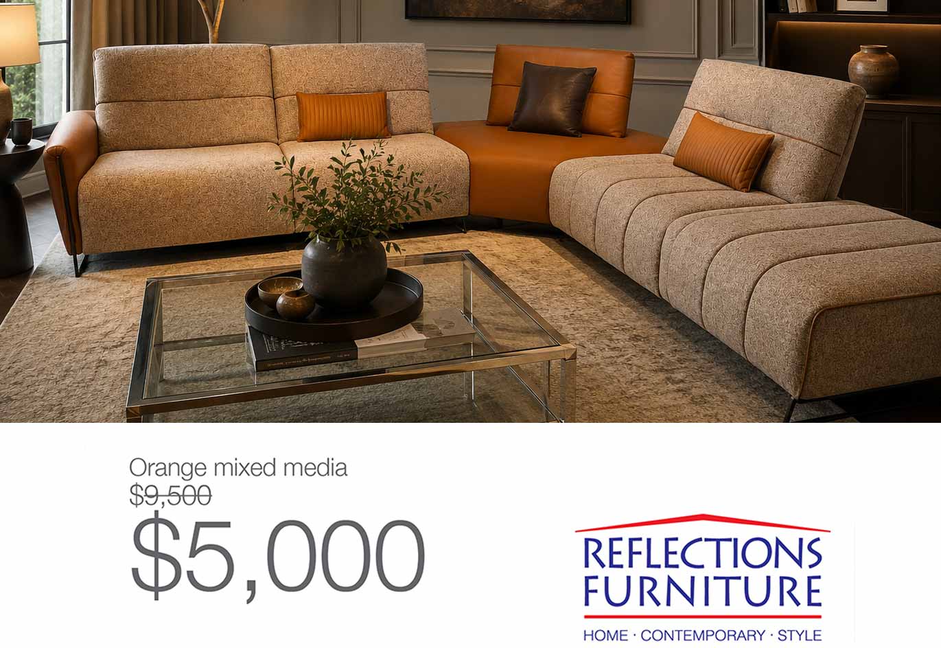 Mixed Media Orange Sectional  LEATHER XPRESS