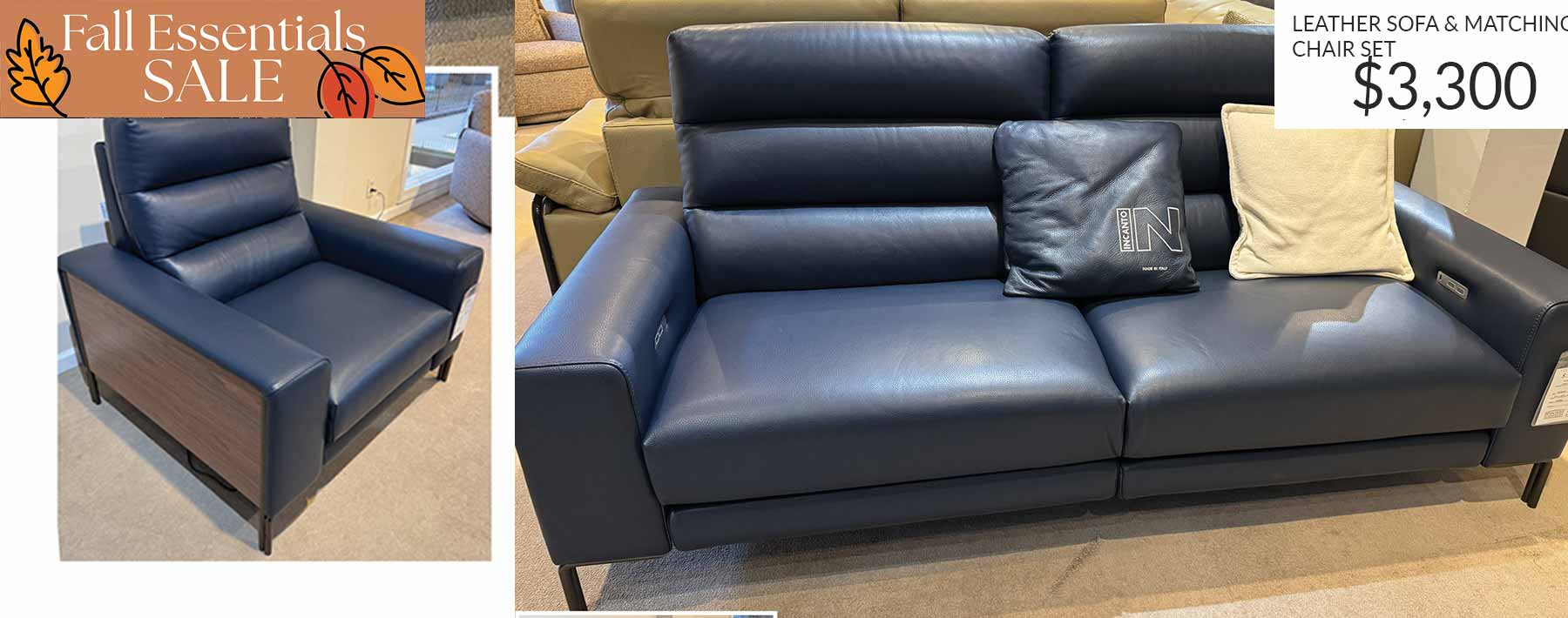 FALL ESSENTIALS Blue Leather Sofa and Matching Chair Set Furniture Sale
