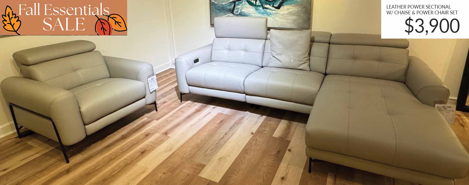 FALL ESSENTIALS Leather Power Sectional chaise and Power Chair Light Grey Set Furniture Sale